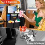 Black SURDOCA backseat car organizer with a foldable tray extended, showing a tablet in its clear pocket and various storage