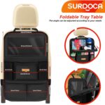 Black SURDOCA backseat car organizer with a foldable tray extended, showing a tablet in its clear pocket and various storage