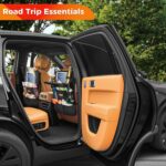 Black SURDOCA backseat car organizer with a foldable tray extended, showing a tablet in its clear pocket and various storage