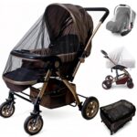 A black Sysmie baby stroller mosquito net and a white Sysmie baby stroller mosquito net, shown on a baby stroller.