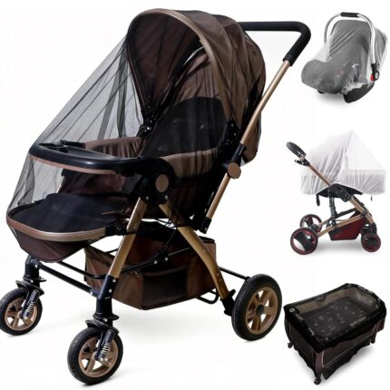 A black Sysmie baby stroller mosquito net and a white Sysmie baby stroller mosquito net, shown on a baby stroller.