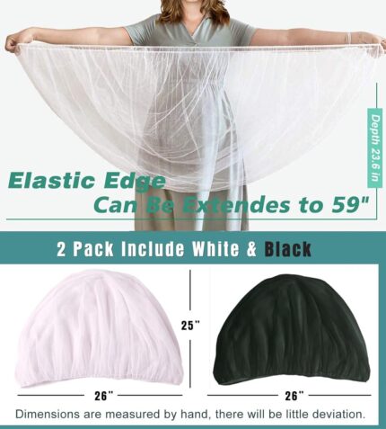 A black Sysmie baby stroller mosquito net and a white Sysmie baby stroller mosquito net, shown on a baby stroller.