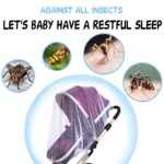 A black Sysmie baby stroller mosquito net and a white Sysmie baby stroller mosquito net, shown on a baby stroller.