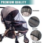 A black Sysmie baby stroller mosquito net and a white Sysmie baby stroller mosquito net, shown on a baby stroller.