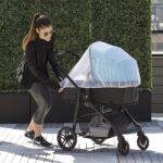 A black Sysmie baby stroller mosquito net and a white Sysmie baby stroller mosquito net, shown on a baby stroller.