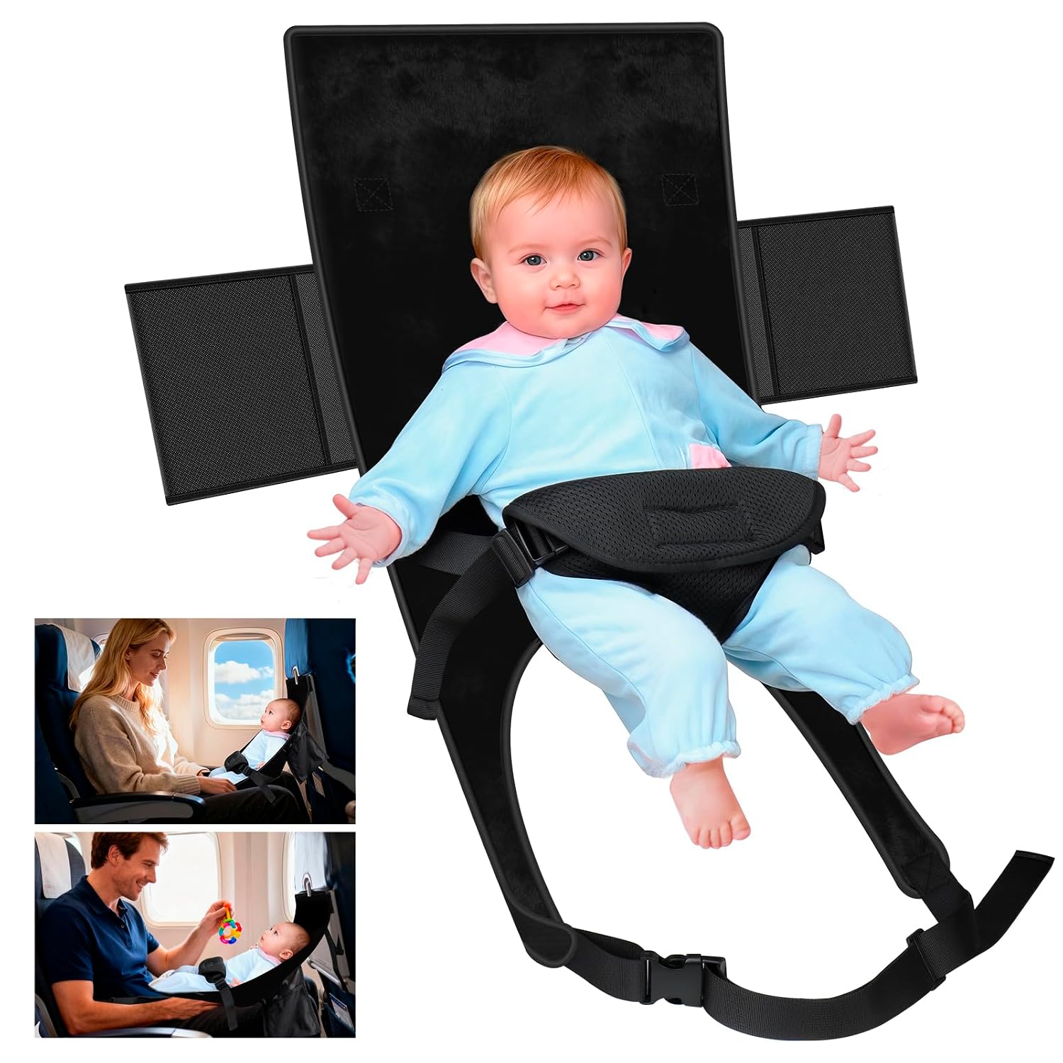trelc-portable-baby-airplane-bed-seat-extender-for-infants-1-8-months-01 TRELC portable baby airplane bed with storage bag, shown installed on an airplane tray table with an infant sleeping