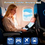 TRELC portable baby airplane bed with storage bag, shown installed on an airplane tray table with an infant sleeping