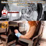 TRELC portable baby airplane bed with storage bag, shown installed on an airplane tray table with an infant sleeping