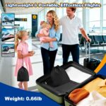TRELC portable baby airplane bed with storage bag, shown installed on an airplane tray table with an infant sleeping