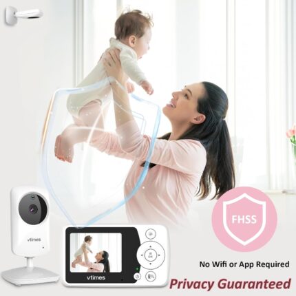 White VTimes VT31 baby monitor with camera and 2.4-inch parent unit, showing a clear view of a sleeping baby.