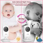 White VTimes VT31 baby monitor with camera and 2.4-inch parent unit, showing a clear view of a sleeping baby.