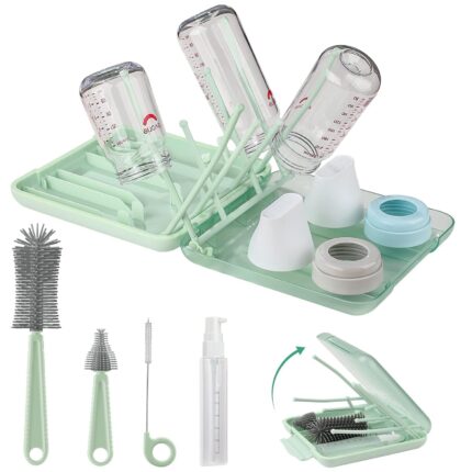 YomauiYee 6-in-1 travel baby bottle brush set in brown, with brushes, drying rack, and soap dispenser in an open case.