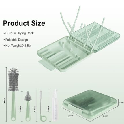 YomauiYee 6-in-1 travel baby bottle brush set in brown, with brushes, drying rack, and soap dispenser in an open case.