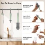 YomauiYee 6-in-1 travel baby bottle brush set in brown, with brushes, drying rack, and soap dispenser in an open case.